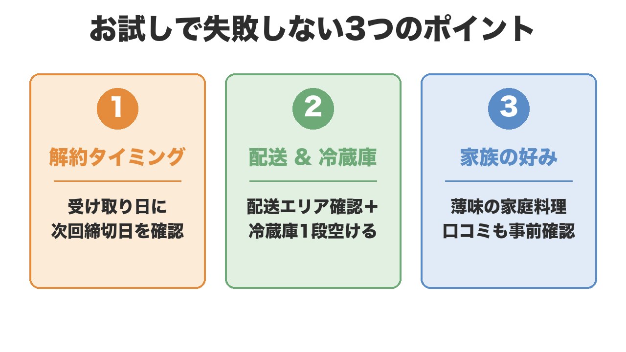 ツクリオお試しで失敗しない3つのポイント(解約タイミング・配送&冷蔵庫・家族の好み)