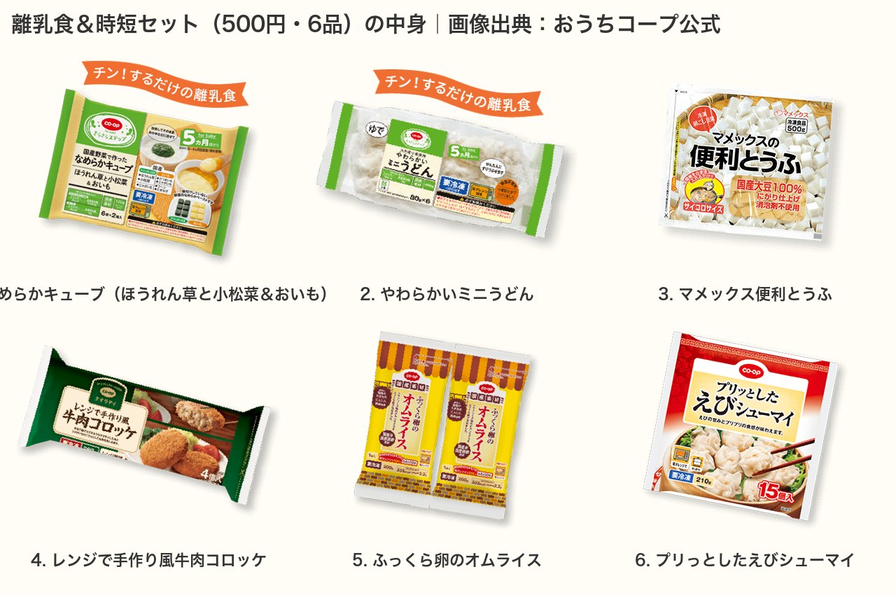 おうちコープ離乳食&時短セット500円の6品の商品画像(なめらかキューブ・ミニうどん・便利とうふ・コロッケ・オムライス・えびシューマイ)